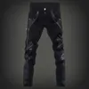 Męskie dżinsy projektant mody czarny zamek motocyklowy skórzane spodnie koreańskie szczupłe splatanie dżins 230330
