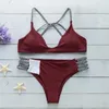 Kvinnors badkläder sexig kvinnlig retro baddräkt vin röd två bitar låg midja push up vadderade kvinnor bikini simning set strand slitage