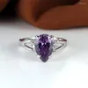 Wedding Rings Pear Cut Purple Zircon Engagement Ring Luxury Crystal Water Drop Stone Vintage Silver Color For Women Jewelry