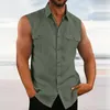 Camisas casuais masculinas Moda de cor de linho de algodão sólido Camisa de colete masculino de verão sem mangas de botão com tanques de tanques de roupas masculinas