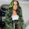 Peluca brasileña larga ondulada del cuerpo, peluca morada, peluca con malla frontal transparente, pelucas con reflejos verdes/grises/rosas para mujeres, peluca sintética resistente al calor