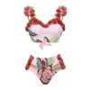 Cute Three Piece Set Swimwear Push Up Lady Bikinis with Padded Flower Printed INS Swimsuit Hot Spring Women Dress