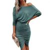 Casual Dresses Woman Dress Long Sleeve Mid Sexy Slanted Shoulder Ruched Women Clothing Classic Summer Party