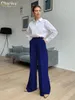 女性のズボンCapris Clacive Blue Office Women's Pants Fashion Loose Full Length Ladies Ounsersカジュアルハイウエストワイドパンツ女性230330