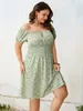 Plus -klänningar Storlek 4xl Floral Print Dress for Women Off Shoulder Casual Elegant Midi Green Summer Autumn Loose Clothing 230330