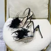 Gianvito Rossi Sandales à talons aiguilles avec ornement en plumes 10,5 cm chaussures à bout ouvert en soie véritable pour femmes luxe PVC et semelle extérieure en cuir sandales de créateur de chaussures de soirée