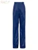 Damesbroeken Capri Clacive Mode Blauw Pu-leer Damesbroeken Elegante slanke rechte broek met hoge taille Streetwear Pantalones Vrouwelijke kleding 230330