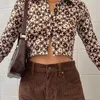 Damen T-Shirt Harajuku Bedrucktes Vintage Braunes Crop Top Lässige Einreiher T-Shirts Langarm Koreanische Süße Outfits Cuteandpsycho 230330