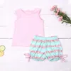 Roupas para roupas pequenas roupas de menina de 2pcs terno de renda rosa cor de arco-boia de roupa de criança vestido floral de camiseta floral