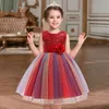 Nieuwe meid tutu jurk zes kleuren lovertjes verjaardag bloemen meisje jurk regenboog kleuren feest prinses jurk