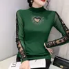 T-shirt da donna # 8109 Camicia a rete a collo alto verde nero Diamanti da donna Scava fuori Sexy Stretto elastico Base manica lunga Lettere sottili