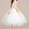Mädchenkleider Blumenkleid Weiß Elfenbein Ärmellos Maßgeschneidertes Geburtstagskleid Prinzessin Fluffy Tüll Spitze Erstkommunion