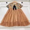 23ss kids designer clothes girls dress brand classic lattice Net yarn splicing lapel Preppy style Short sleeve long skirt big girls High quality kids clothes a1