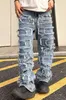 Mens Jeans Individualized patch jeans men and womens American high street hiphop fried beggar pants blue loose small crowd mopping 230330