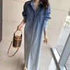 Casual Dresses Polo Button Denim Dress Maxi Long Sleeve Vestido De Mujer Vintage Casual Autumn Spring Korean Women's Dress 230330