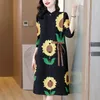 Casual Dresses Spring Summer Women Three Quarter Sleeve Single Breasted Loose Dress High Quality Cute Sunflowers Print Miyake Pleated