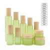 Mat Green Glass Bottle Crème Jar Spray Lotion Pomp Flessen Cosmetische container 20 ml 30 ml 40 ml 60 ml 80 ml 100 ml 120 ml met geïmiteerde houten