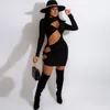 Casual Dresses Elegant Sexy Waist Band Cut Out Sheath Dress Women Fashion Turtleneck Full Sleeve Vestidos Simple Black Party Clubwear