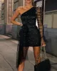 Casual Dresses Ninimour Glitter One Shoulder Sheer Mesh Ruched Party Dress Women Elegant Draped Night Club Mini Vestidos de Fiesta