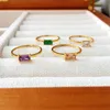 Solitaire Ring 2023 Setting Square Cutt 3A Zircon Shiny Green Purple Orange White Stone Stainless Steel 18K Gold Plated s For Women Y2303