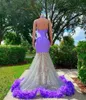 Lavendel Lilac High Neck Long Prom -jurken voor zwarte meisjes Appliques avondjurken Veren Verjaardagsfeestje Jurk Robe de Bal