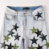 Men's Jeans Light Blue Distressed Streetwear Green Stars Patchwork Slim Stretch Skinny High Street Fashion Style Ripped 230330