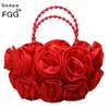 Kvällspåsar boutique de fgg röd blomma rose bush kvinnor satin handväska pärlhuvudsäck bröllop handväska brudkoppling 230329