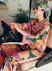 Women's Sleepwear Loose Satin for Women Fashion Print Vintage Pajamas Set 2 Pcs Long Sleeve Pants Female Homewear Chic Summer Suit 230330