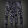 Heren jeans mode mannen lederen broek patchwork casual skinny motorfiets hoge kwaliteit slanke broek maat 2836 230330