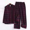 Men's Sleepwear Long Sleeve Cotton Velvet Men's Pajamas Plus Size Loose Autumn/Winter Checked Home Clothing Elastic Waist Trousers Pajamas 2pcs 230330