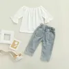 Kleidungssets 1-6 Jahre Kleinkind Kinder Baby Mädchen Aufflackern Ärmel Pullover Tops Zerrissene Jeans Denim Hose Hose 2 STÜCKE Mode Mädchen Set