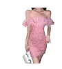 Femmes printemps été volants patché manches courtes slash cou couleur rose brillant bling paillette paillettes mini robe crayon SML