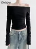 여자 티 셔츠 달링 가가 캐주얼 오프 어깨 탑 블랙 스키니 기본 T 셔츠 솔리드 슬림 한국 패션 고딕 티 슬래시 목 의상 230329