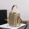 Mode seau sac à bandoulière cristal diamant métal paillettes Logo grande capacité classique en cuir véritable Designer sac de luxe