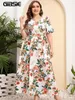 Kleider in Übergröße GIBSIE Größe V-Ausschnitt Blumendruck Boho Dres Sommer Kurzarm Maxi Holiday Aline Female Belted Dress 230330