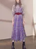 Robes décontractées robe d'été pour femmes 2023 violet plaid jarretelle deux pièces en mousseline de soie à manches longues