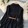 Black Casual Dresses New Vintage Spring Autumn Solid Slim Button Full Lady Dress A Line Turndown Collar Chiffon Single Breasted Dresses 2023