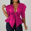 Frauenblusen halbe Ärmel Knoten Taille Hemd Frauen Sommer niedrige Ausschnitte Tops gebundene Plissee Lady Blouse Club Party Tunika sexy v Hals Rose