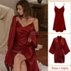 Vêtements de nuit pour femmes Ensemble de robe en satin Pyjamas sexy pour femmes Sous-vêtements en soie artificielle Pyjamas en soie artificielle Kimono Robe de salle de bain Pyjamas à col en V 230330