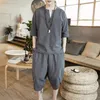 Men's Tracksuits Men Thin Linen Set Summer Chinese Style Loose Large Size Cotton Linen 2Pcs/set Short Sleeve Middle Length Pants FS99 230425