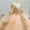 Luxurys Puffy Flower Girl Dress Rise Gold Sequins Applices Kids Tonåringar Little Girl Toddler Pageant Gowns Birthday Party Dress For Wedding Long Sleeve Cooktail Wear