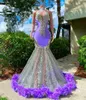 Lavendel Lilac High Neck Long Prom -jurken voor zwarte meisjes Appliques avondjurken Veren Verjaardagsfeestje Jurk Robe de Bal