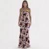 Elegante vestido maxi sin espalda con estampado floral para mujer Nuevo vestido largo sexy de malla elástica sin tirantes con cordones para fiesta de vacaciones