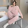 Women's Sleepwear Long Sleeve Shirt Pant Pajamas Set Nightwear Round Neck Bear Badge Solid Color Homewear Pyjamas Sleep Suit 2Pcs Home