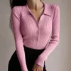 Kvinnors polos lapel Slim Slimming Tops Ladies Hollow Button Long Cardigan Sexig tröja Sleeve Knit Neck V U1C0 230330