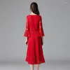 Casual Dresses Arrival Autumn Winter Red Long Style Lace Dress V Neck Knee Length Flare Sleeves Fit And 14346