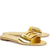 Luksusowe marki modne sandały pantofel dla kobiet buty płaskie F-Baguette metaliczne skórzane bagietki wsuwane sandały w kolorze srebrno-brązowym z pudełkiem 35-42