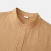 Camisas casuais masculinas lençóis de algodão de verão de manga longa botão de ajuste regular de colarinho de banda tops de alta qualidade na praia havaiana camisas