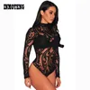 Kobiety Jumpsuits Rompers Black Elastery Turtleeck Długie rękaw Sexy koronkowy body wiosenne jesienne siatka dla kobiet mono Mujer 230329