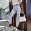 Jeans femininos iemoggy elegante rasgado para mulheres calças de verão 2023 Button Pocket Star Logo Cantura Alta Denim 230330